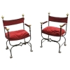 INS 1178 Paire d&#039;anciens fauteuils curulles en fer forgé et laiton
