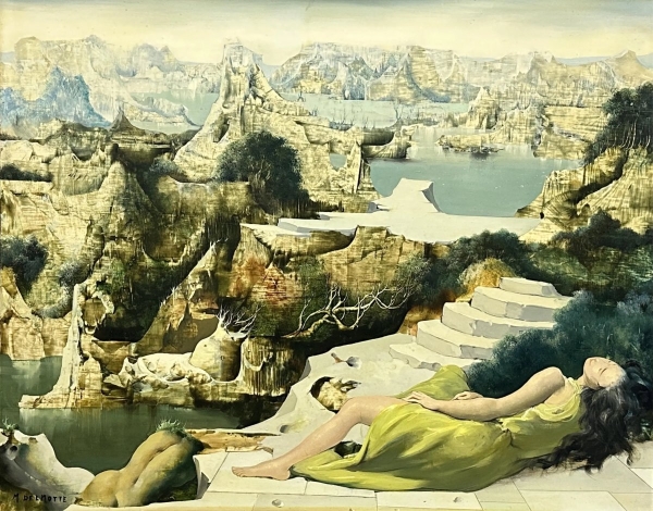 MOD 2038 Marcel DELMOTTE. Femme à la robe verte dans un paysage surréיaliste.