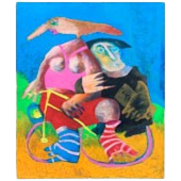 MOD 1074 Clider, "Dame à vélo", peinture acrylique signée.